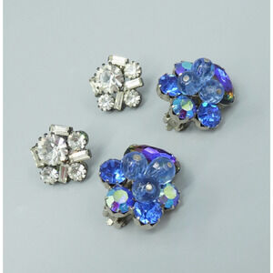 2 Vintage Earrings Blue Aurora Borealis AB‎ Rhinestone Set Silver Tone